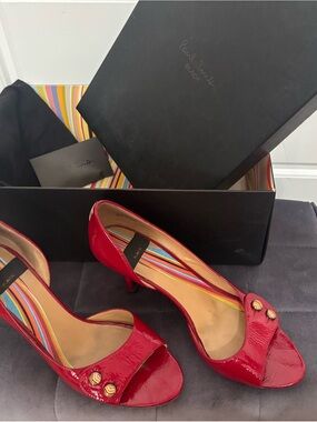 Paul Smith Red Patent Peep-Toe Heels with Gold Buttons